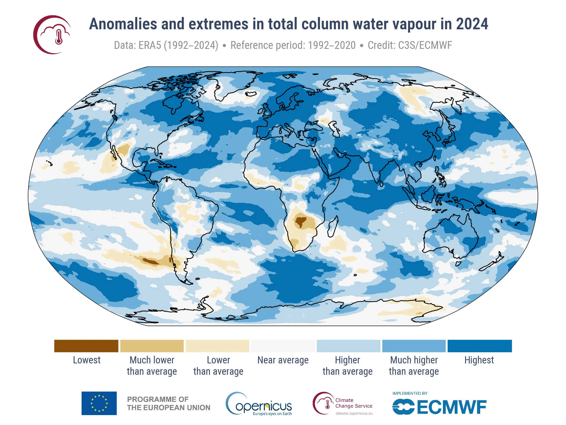 Vapeur d&rsquo;eau dans la totalit&eacute; de la colonne &agrave; la surface de la Terre en 2024, &eacute;carts par rapport &agrave; la p&eacute;riode de r&eacute;f&eacute;rence 1992-2020