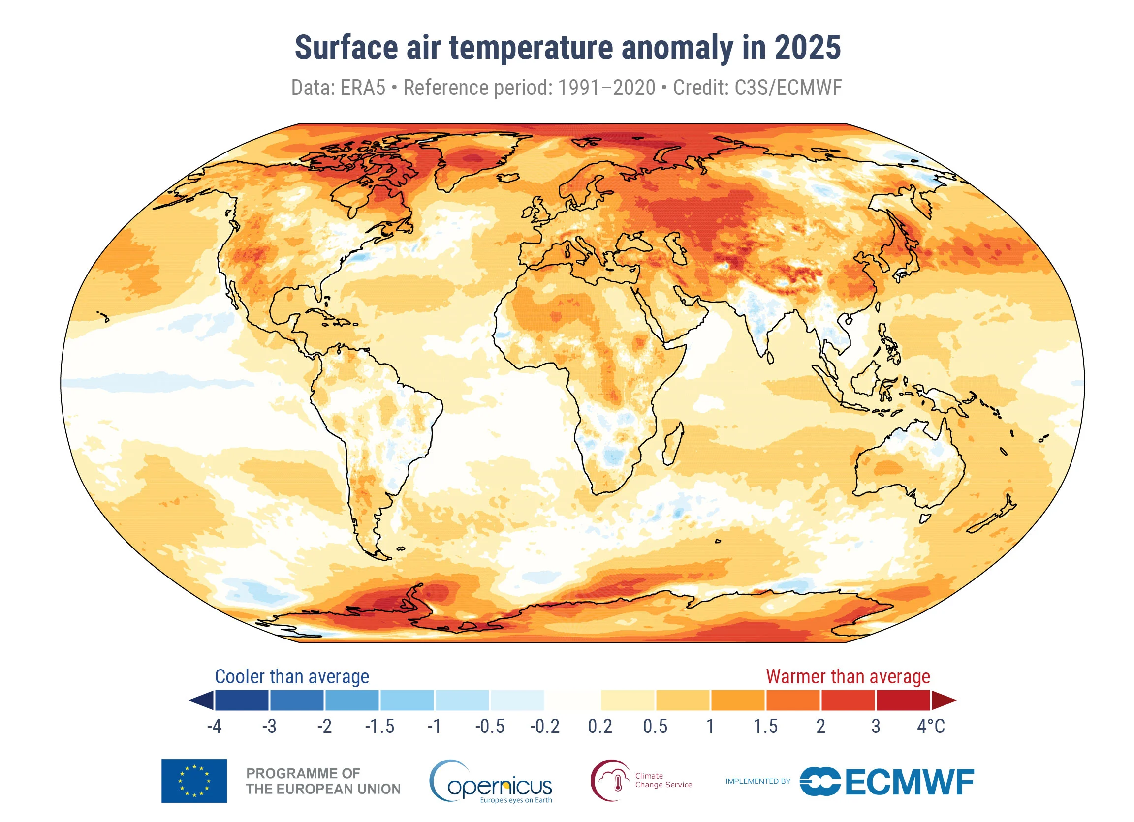 &Eacute;carts de temp&eacute;rature de l&rsquo;air &agrave; la surface de la Terre en 2025 par rapport &agrave; la p&eacute;riode de r&eacute;f&eacute;rence 1991-2020