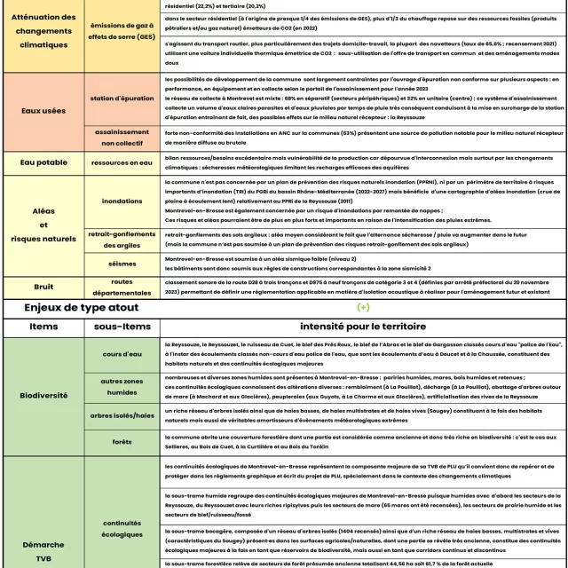 Les enjeux majeurs de Montrevel-en-Bresse dans le cadre de l’élaboration de son PLU définis par Bioinsight sont répartis en contraintes et atouts dont l’intensité pour le territoire est décrite et qualifiée d’un code couleur.