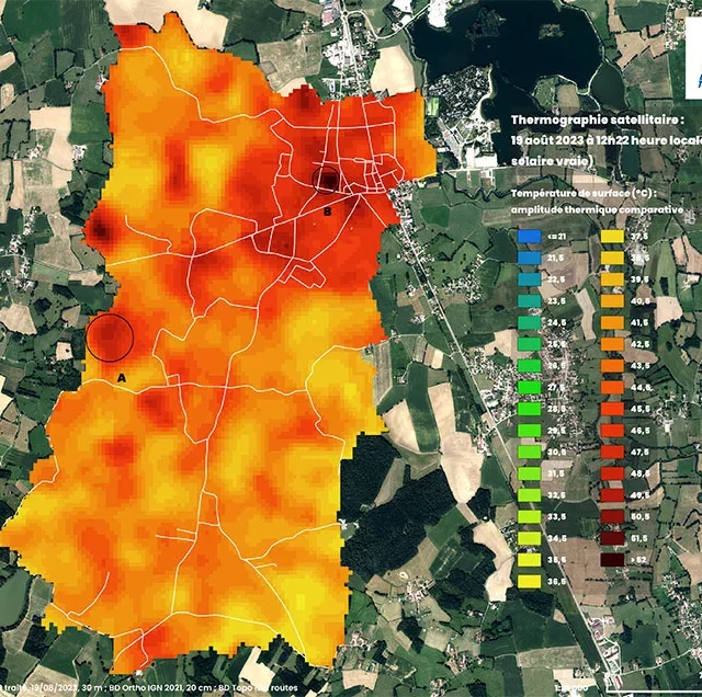 Occupation du sol et température de surface : thermographie satellitaire de Montrevel-en-Bresse à partir du traitement  des données USGS – Landsat  du 19 août 2023 à 12h22 heure légale soit 10h39 heure solaire vraie (le 19 août 2023 fut précédé de jours sans précipitations : voir observations météorologiques pour la température de l’air). On observe que la température varie de 36,87 °C à 53,0 °C, avec une température moyenne de 42,92 °C. Les surfaces les plus chaudes restent des surfaces agricole (A) et le terrain de sport synthétique (B) (données Bioinsight) 