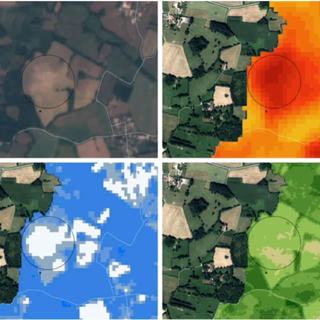 Surface A (Montrevel-en-Bresse) : en haut à gauche, image en couleur vraie vu par Sentinel-2 le 22 août 2023. En haut à droite, la température de surface du 19 août 2023. En bas à gauche le NDMI (indice normalisé de différence d’humidité) qui montre en blanc un sol stérile et sec et en bas à droite le NDVI (indice normalisé de différence de végétation) du 22 août 2023 qui montre en couleur très claire une absence de végétation. Source : USGS – Landsat 9, Copernicus – Sentinel-2 et IGN (données Bioinsight) 