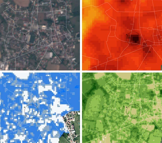 Surface B (Montrevel-en-Bresse) : en haut à gauche, image en couleur vraie vu par Sentinel-2 le 22 août 2023. En haut à droite, la température de surface du 19 août 2023. En bas à gauche le NDMI (indice normalisé de différence d’humidité) qui montre en blanc un sol stérile et sec et en bas à droite le NDVI (indice normalisé de différence de végétation) du 22 août 2023 qui montre en couleur très claire une absence de végétation. Source : USGS – Landsat 9, Copernicus – Sentinel-2 et IGN (données Bioinsight) 
