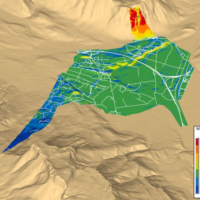 Flux solaire réel (prise en compte de l'orientation du sol)  en puissance moyenne au sol (W/m²) au cours d’un mois centré sur le 21 décembre d'une commune de Savoie en intégrant le facteur orographique (Heliodon)